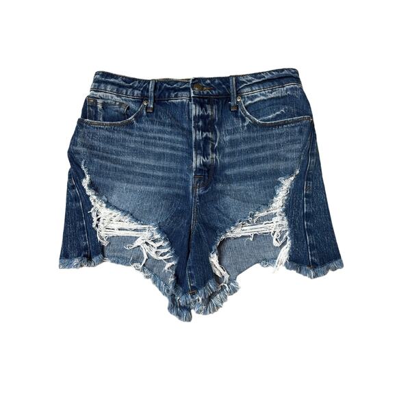 Good American High Rise Distressed Bombshell Jean Shorts Frayed Hem Button Fly 6 - Picture 2 of 8
